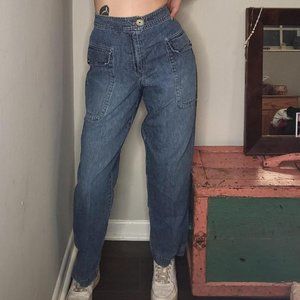 Sz 1, Women's vintage 90s, Chico's Design, high waist blue carpenter style jeans